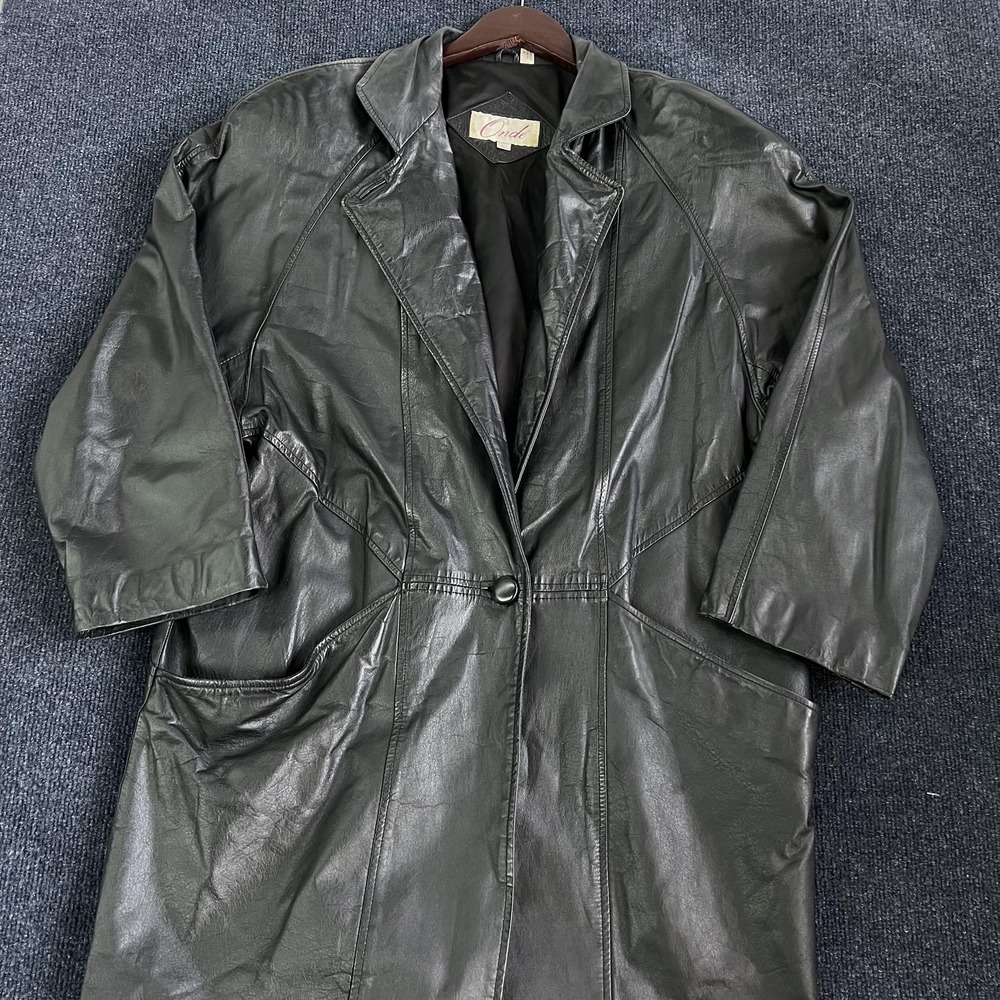 Vintage Ondé Leather Coat Womens Large Black Single Breasted Overcoat Mid Length